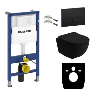 KOMPLETT-PAKET: Geberit Duofix Basic Vorwandelement + Wand-WC Tiefspül Brava Black Becken Spülrandlos + Bedienplatte Delta 25 für Doppelspülung