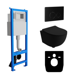 KOMPLETT-PAKET: Lavita LAV 101 Vorwandelement für WC 40cm + Wand Tiefspül WC Spülrandlos Brava Black + Bedienplatte für Doppelspülung