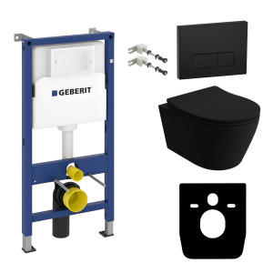 KOMPLETT-PAKET: Geberit Duofix Basic Vorwandelement + Wand-WC Tiefspül Brava Black Becken Spülrandlos + Bedienplatte Delta 25 für Doppelspülung