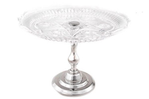 Posrebrzana, wysoka patera z kryształowym talerzem