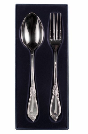Zestaw posrebrzanych sztućców półmiskowych, oksydowany - 2 szt.