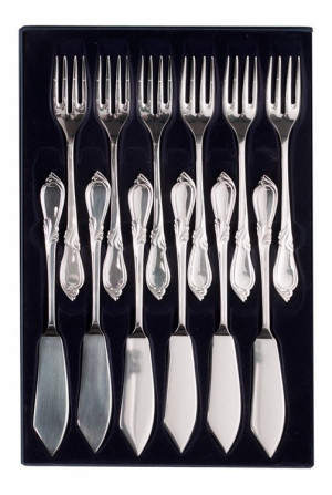 Zestaw posrebrzanych sztućców do ryb, oksydowany - 12 szt.