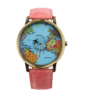 Hidzo Horloge Wereldkaart - Ø 38 mm - Roze - kunstleer