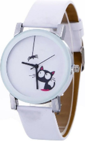 Hidzo Horloge Cute Cat Ø 37 mm - Wit - Kunstleer