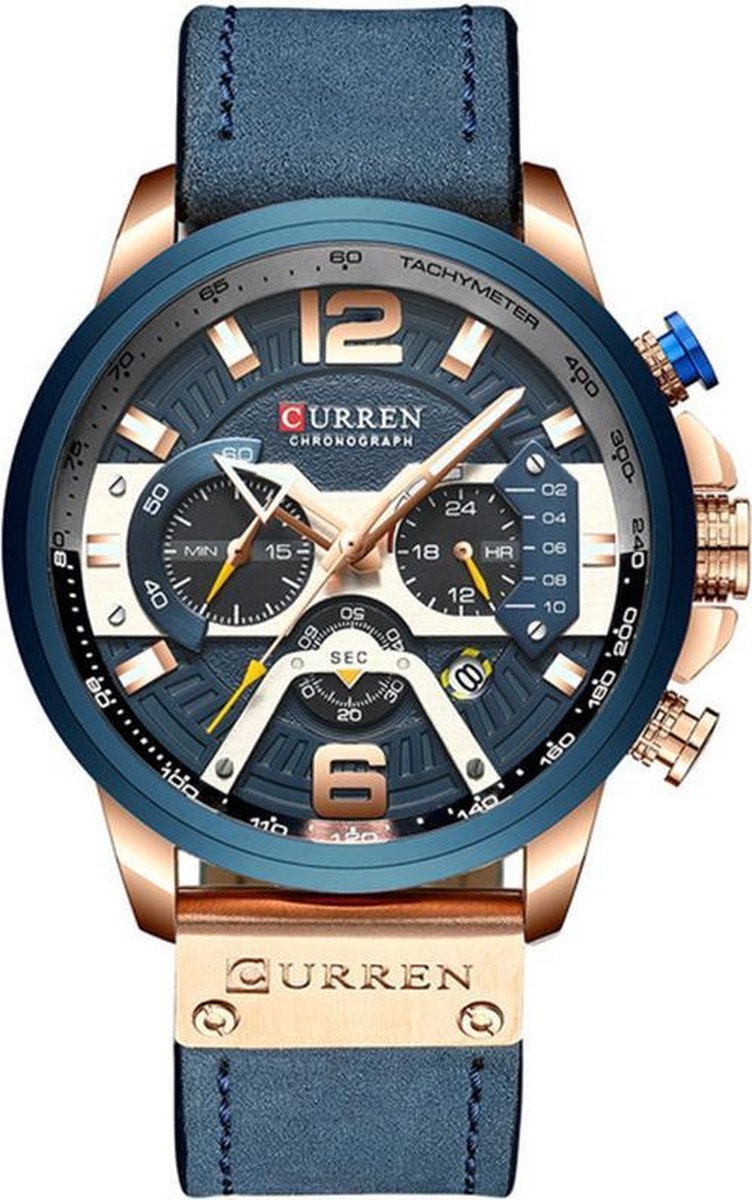 Hidzo Mannen Horloge Curren Ø 50 - Met Datumaanduiding - Blauw/Rosé - Kunstleer - Inclusief Horlogedoosje