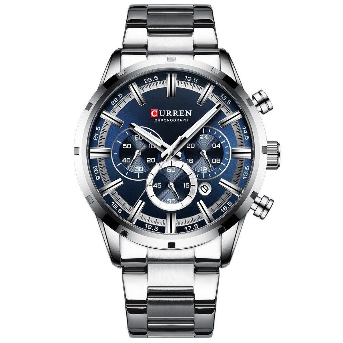 Hidzo Mannen Horloge Curren Ø 50 - Met Datumaanduiding - Zilver/Blauw - Staal - Inclusief Horlogedoosje