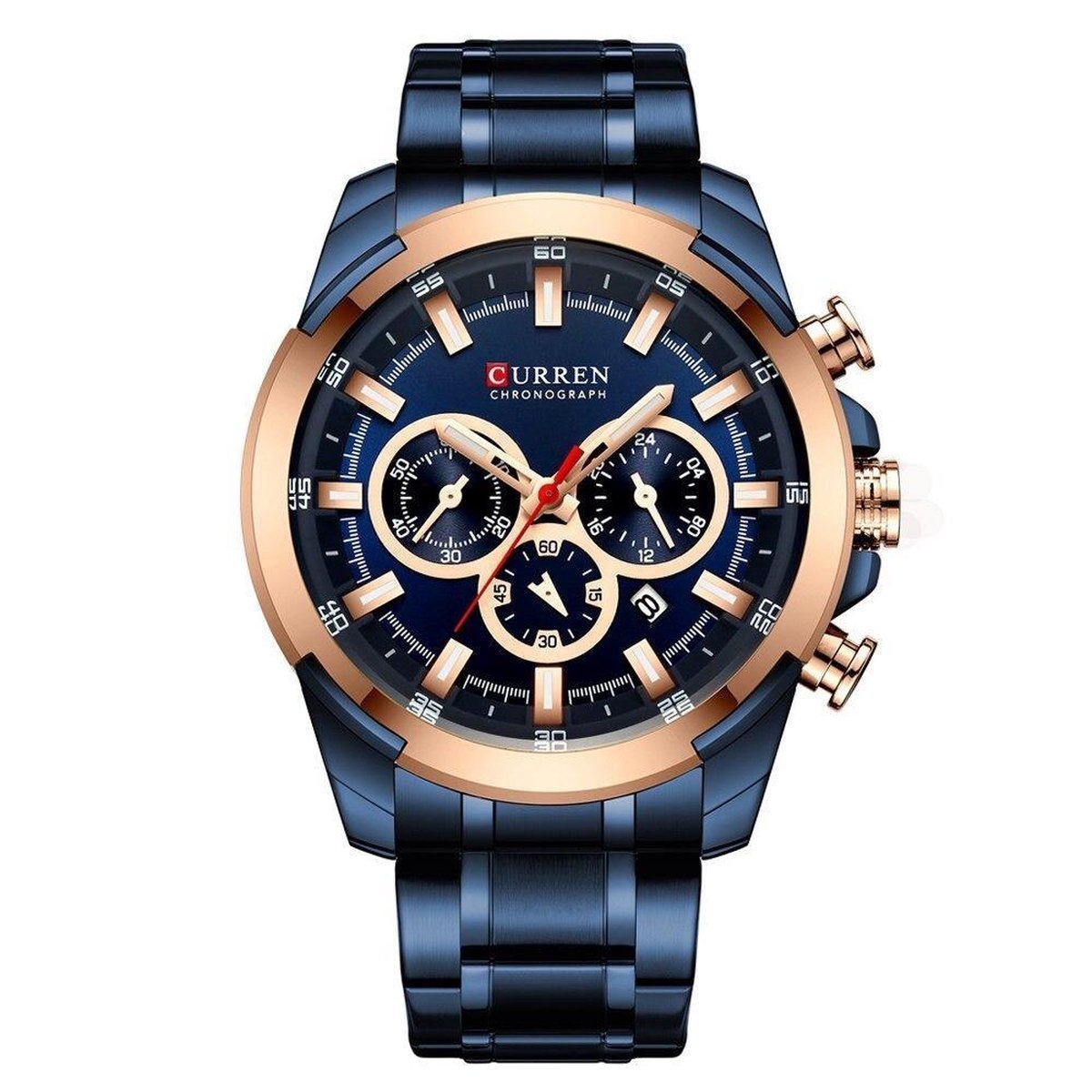 Hidzo Mannen Horloge Curren Ø 50 - Met Datumaanduiding - Blauw/Rosékleurig - Staal - Inclusief Horlogedoosje