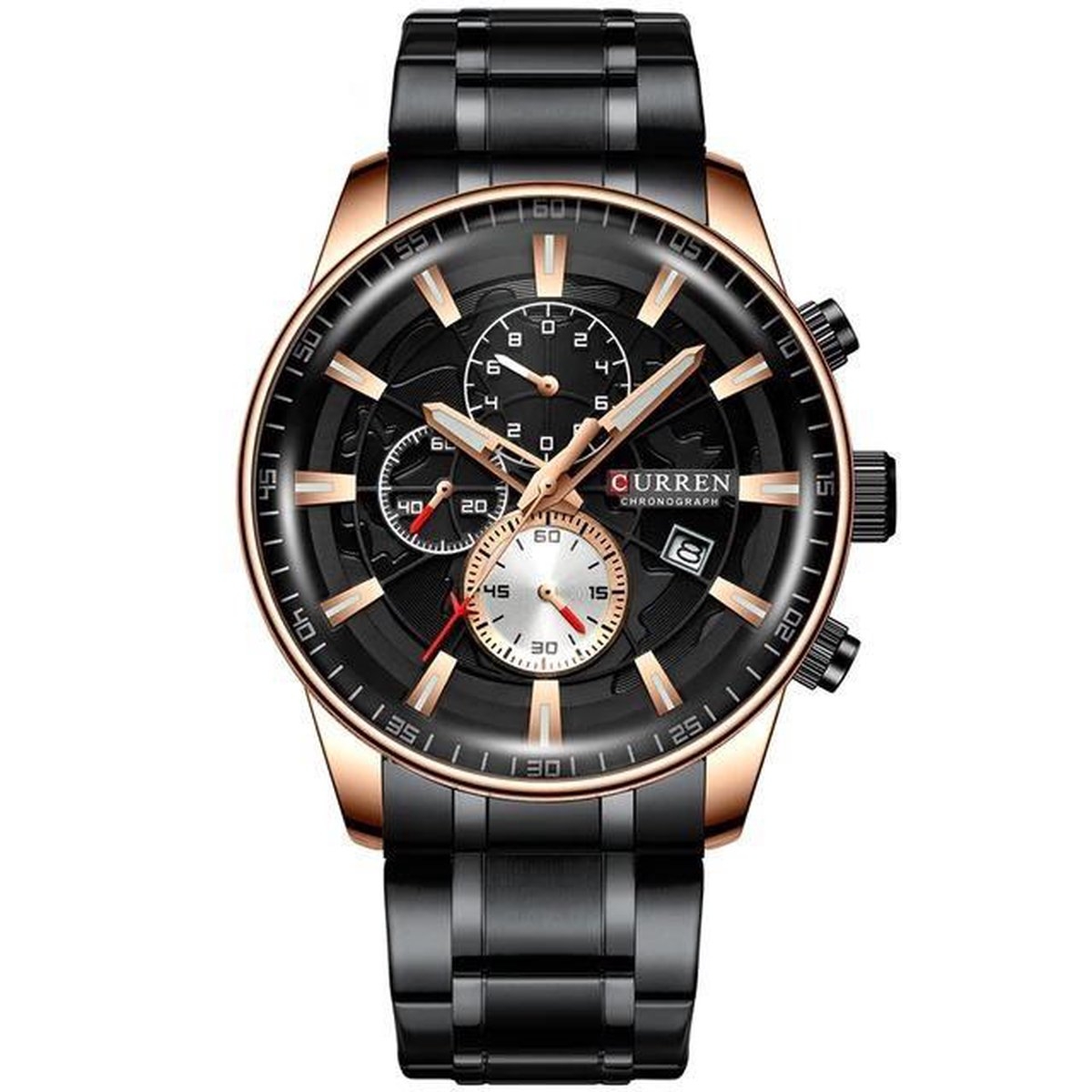 Hidzo Mannen Horloge Curren Ø 50 - Met Datumaanduiding - Zwart/Zwart/Rosé - Staal - Inclusief Horlogedoosje
