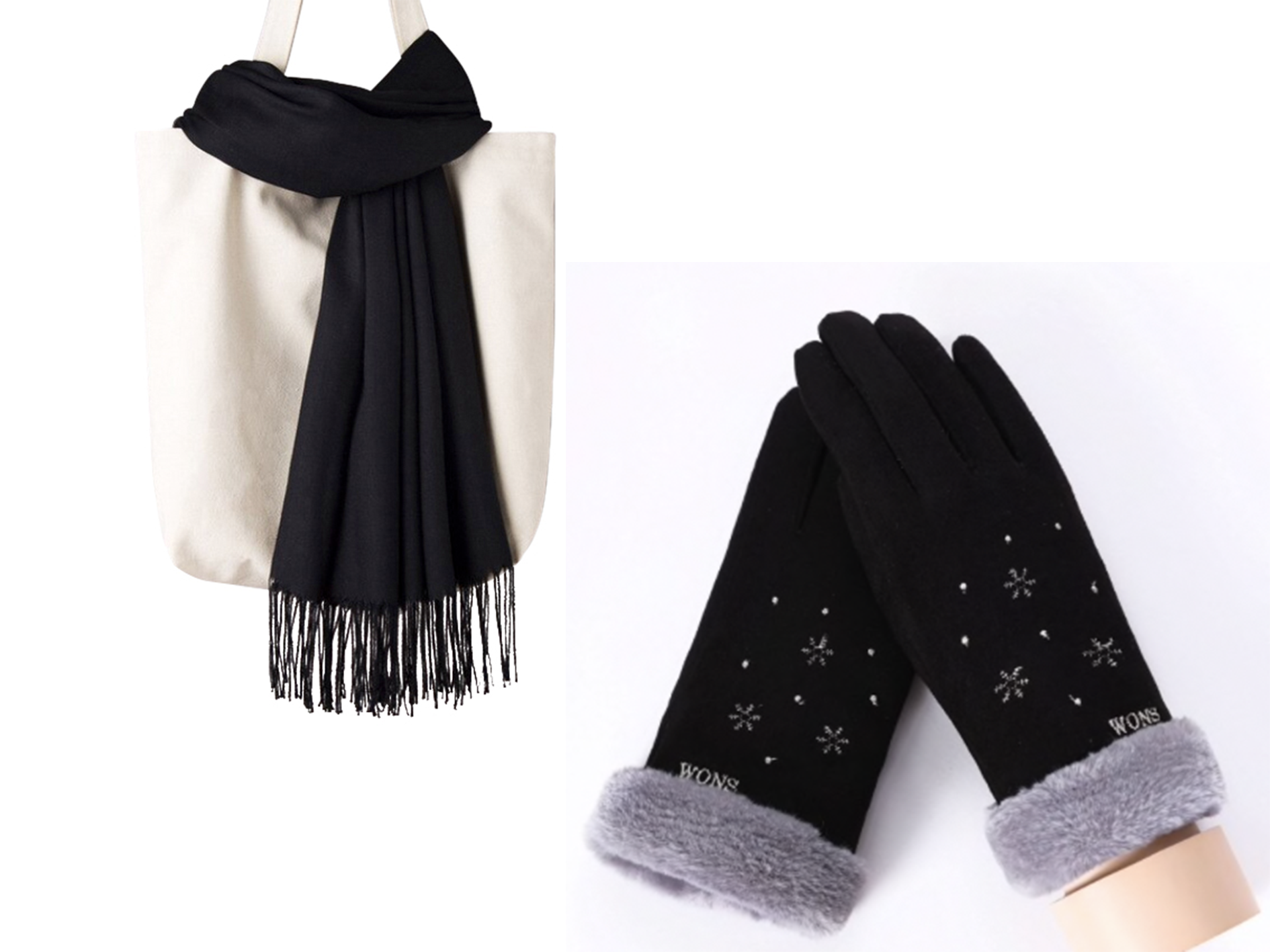 Winterset Zwart - Zwarte Sjaal 200*70cm + Zwarte Handschoenen Maat M