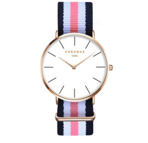 Hidzo Horloge Chronos Ø 37 mm - Blauw/Wit/Roze/Wit/Blauw - Inclusief horlogedoosje