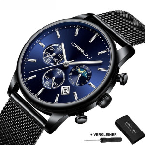 CRRJU - Horloge Heren - Cadeau voor Man - 42 mm - Zwart Blauw Zilver