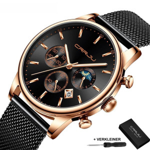 CRRJU - Horloge Heren - Cadeau voor Man - 42 mm - Zwart Rosé