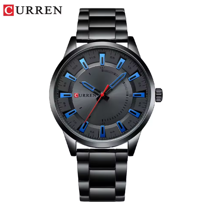 Curren - Horloge - Herenhorloge - Quartz - Zwarte Wijzerplaat met Blauwe Uuraanduidingen - Zwarte Band - 45mm - 8406