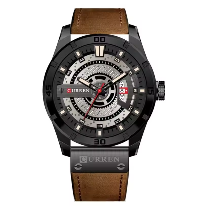Curren 8301 - Herenhorloge - Quartz - Zilveren Wijzerplaat - Zwarte Kast - Bruine Leren Band - 44mm