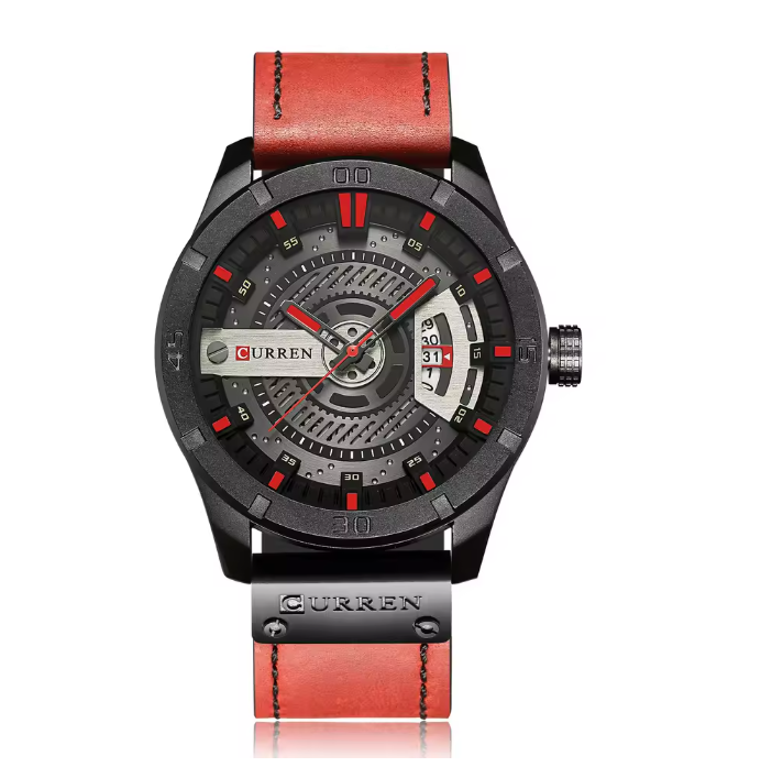 Curren 8301 - Herenhorloge - Quartz - Zilveren Wijzerplaat - Zwarte Kast - Rode Leren Band - 44mm