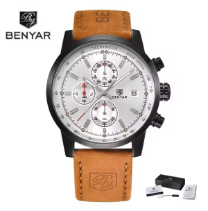 BENYAR Horloge BY-5102 - Lichtbruin-Wit – Heren - Quartz - Chronograaf - Lederen Band - Zilverkleurig - Luxe en Tijdloos