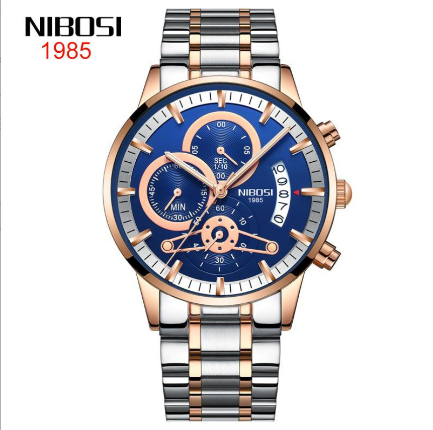 NIBOSI Horloge 2309 - Zilverkleurig-Bronskleurig-Blauw – Heren - Quartz - Chronograaf - Stalen Band - Luxe en Stijlvol