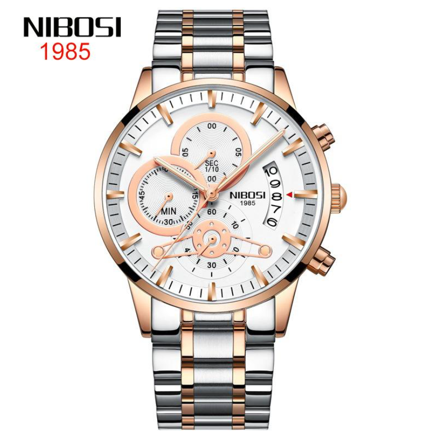 NIBOSI Horloge 2309 - Zilverkleurig-Bronskleurig-Wit – Heren - Quartz - Chronograaf - Stalen Band - Luxe en Modern