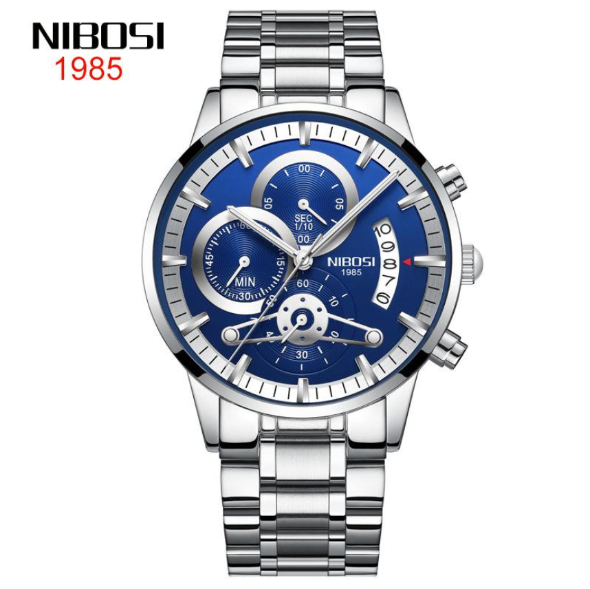 NIBOSI Horloge 2309 - Zilverkleurig-Blauw – Heren - Quartz - Chronograaf - Stalen Band - Luxe en Stijlvol