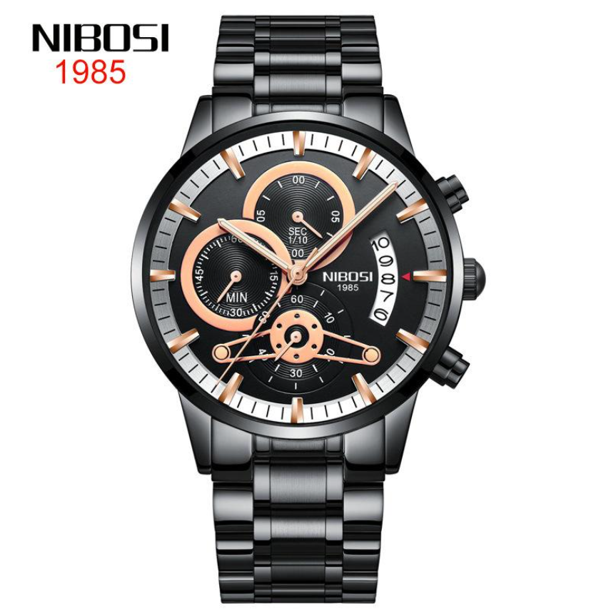 NIBOSI Horloge 2309 - Zwart-Bronskleurig – Heren - Quartz - Chronograaf - Stalen Band - Luxe en Opvallend