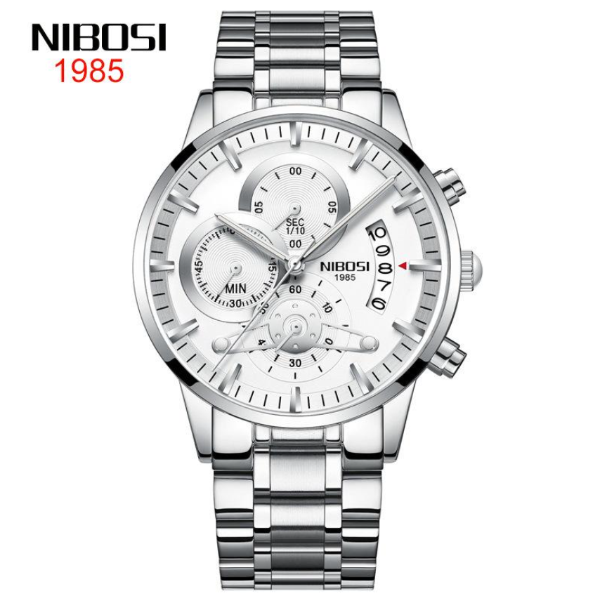 NIBOSI Horloge 2309 - Zilverkleurig-Wit – Heren - Quartz - Chronograaf - Stalen Band - Tijdloos en Stijlvol