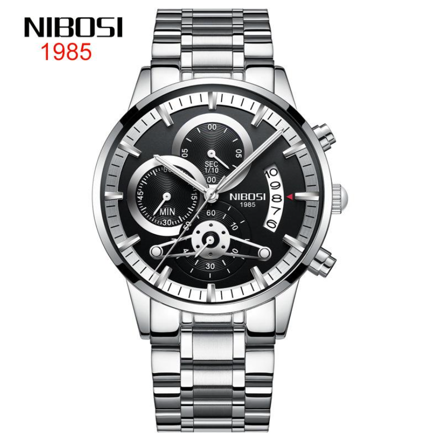 NIBOSI Horloge 2309 - Zilverkleurig-Zwart – Heren - Quartz - Chronograaf - Stalen Band - Luxe en Tijdloos