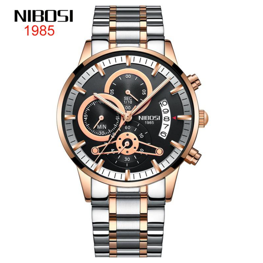 NIBOSI Horloge 2309 - Zilverkleurig-Bronskleurig-Zwart – Heren - Quartz - Chronograaf - Stalen Band - Luxe en Stoer