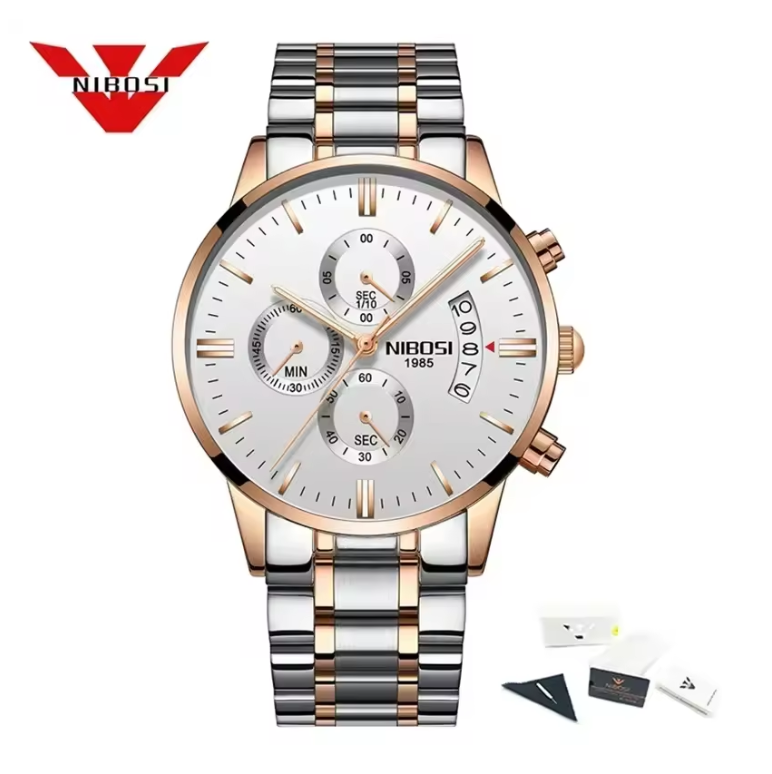 NIBOSI Horloge 2309 - Zilverkleurig-Bronskleurig – Heren - Quartz - Chronograaf - Stalen Band - Luxe en Uniek - H1171