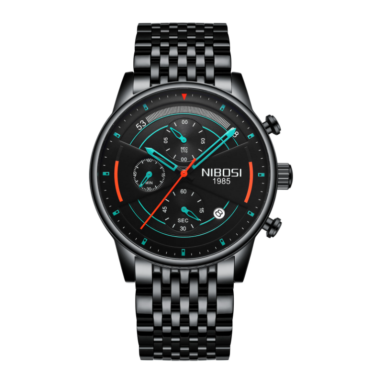 NIBOSI Horloge 2389 - Zwart-Zwart – Heren - Quartz - Waterbestendig - Stalen Band - Stoer en Modern
