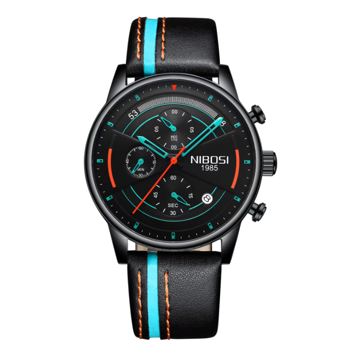 NIBOSI Horloge 2389 - Zwart-Blauw – Heren - Quartz - Waterbestendig - Lederen Band - Stoer en Stijlvol