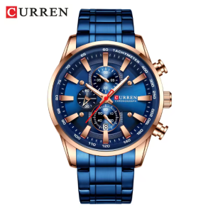 CURREN Horloge 8351 - Bronskleurig-Blauw – Heren - Quartz - Kalender - Stalen Band - Waterbestendig en Opvallend