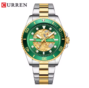 CURREN Horloge 8412 - Zilverkleurig-Goudkleurig-Groen – Heren - Quartz - Lichtgevend - Stalen Band - Luxe en Uniek
