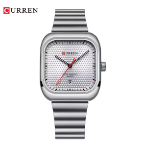 CURREN Horloge 8460 - Zilverkleurig-Wit – Heren - Quartz - Vierkante Kast - Kalender - Stalen Band - Zakelijk en Verfijnd