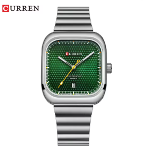 CURREN Horloge 8460 - Zilverkleurig-Groen – Heren - Quartz - Vierkante Kast - Kalender - Stalen Band - Modern en Uniek