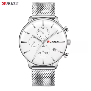 CURREN Horloge 8339 - Zilverkleurig-Wit – Heren - Quartz - Kalender - Mesh Band - Tijdloos en Zakelijk