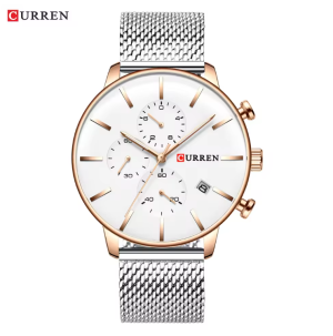 CURREN Horloge 8339 - Zilverkleurig-Roségoudkleurig-Wit – Heren - Quartz - Kalender - Mesh Band - Elegant en Zakelijk
