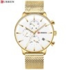 CURREN Horloge 8339 - Goudkleurig-Wit – Heren - Quartz - Kalender - Mesh Band - Luxe en Elegant