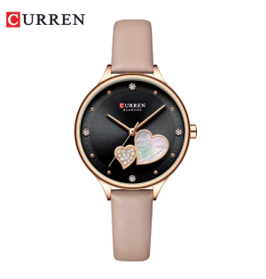 CURREN Horloge Blanche H1202 - Rosékleurig-Beige-Zwart – Dames - Quartz - Hartvormige Details - Lederen Band - Elegant en Romantisch