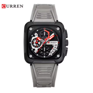 CURREN Horloge 8461 - Grijs-Zwart – Heren - Quartz - Vierkante Kast - Siliconen Band - Chronograaf - Kalender - Waterbestendig Sporthorloge