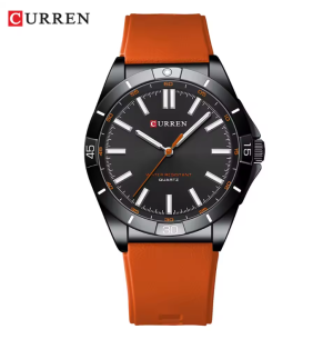 CURREN Horloge 8449 - Oranje-Zilverkleurig-Zwart – Heren - Quartz - Ronde Kast - Siliconen Band - Lichtgevend - Outdoor Sporthorloge - Waterbestendig