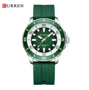 CURREN Horloge 8448 - Zilverkleurig-Groen – Heren - Quartz - Grote Kast - Siliconen Band - Lichtgevend - Outdoor Sporthorloge - Waterbestendig