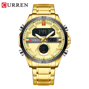 CURREN Horloge 8384 - Goudkleurig-Zwart – Heren - Digitaal & Quartz - 48 mm - Chronograaf - Stalen Band - Meerdere Tijdzones - Kalender - Waterbestendig