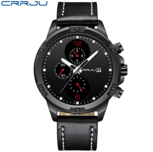 CRRJU Horloge 2142 – Zwart Rood – Heren – Quartz – 40 mm – Ronde Kast – Leren Band – Chronograaf – Waterbestendig – Sportief - Stoer - Casual