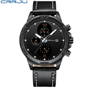 CRRJU Horloge 2142 – Zwart Oranje – Heren – Quartz – 40 mm – Ronde Kast – Leren Band – Chronograaf – Waterbestendig – Sportief - Stoer - Casual