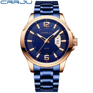 CRRJU Horloge 2191 – Blauw Rosékleurig – Heren – Quartz – 45 mm – Ronde Kast – Roestvrijstalen Band – Chronograaf – Kalender – Waterbestendig – Zakelijk - Luxe - Elegant