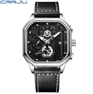 CRRJU Horloge 2302 – Zwart Zilverkleurig – Heren – Vierkante Kast – Quartz – 43 mm – Lederen Band – Chronograaf – Kalender – Waterbestendig – Zakelijk - Elegant - Sportief