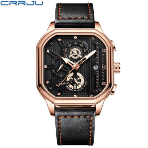 CRRJU Horloge 2302 – Zwart Rosékleurig – Heren – Vierkante Kast – Quartz – 43 mm – Lederen Band – Chronograaf – Kalender – Waterbestendig – Elegant - Luxe - Zakelijk