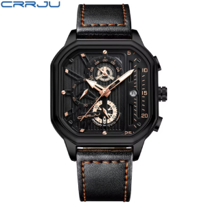 CRRJU Horloge 2302 – Full Black Rosékleurig – Heren – Vierkante Kast – Quartz – 43 mm – Lederen Band – Chronograaf – Kalender – Waterbestendig – Modern - Stoer - Elegant