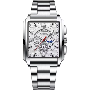 Binbond Horloge 6575 – Zilverkleurig-Wit – Heren – Quartz – Vierkante Kast – Roestvrijstalen Band – Vlindersluiting – Dag- en Datumaanduiding – Waterbestendig – Luxe Design