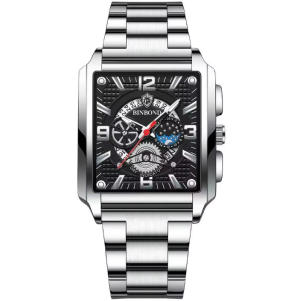 Binbond Horloge 6575 – Zilverkleurig-Zwart – Heren – Quartz – Vierkante Kast – Roestvrijstalen Band – Vlindersluiting – Dag- en Datumaanduiding – Waterbestendig – Luxe Design